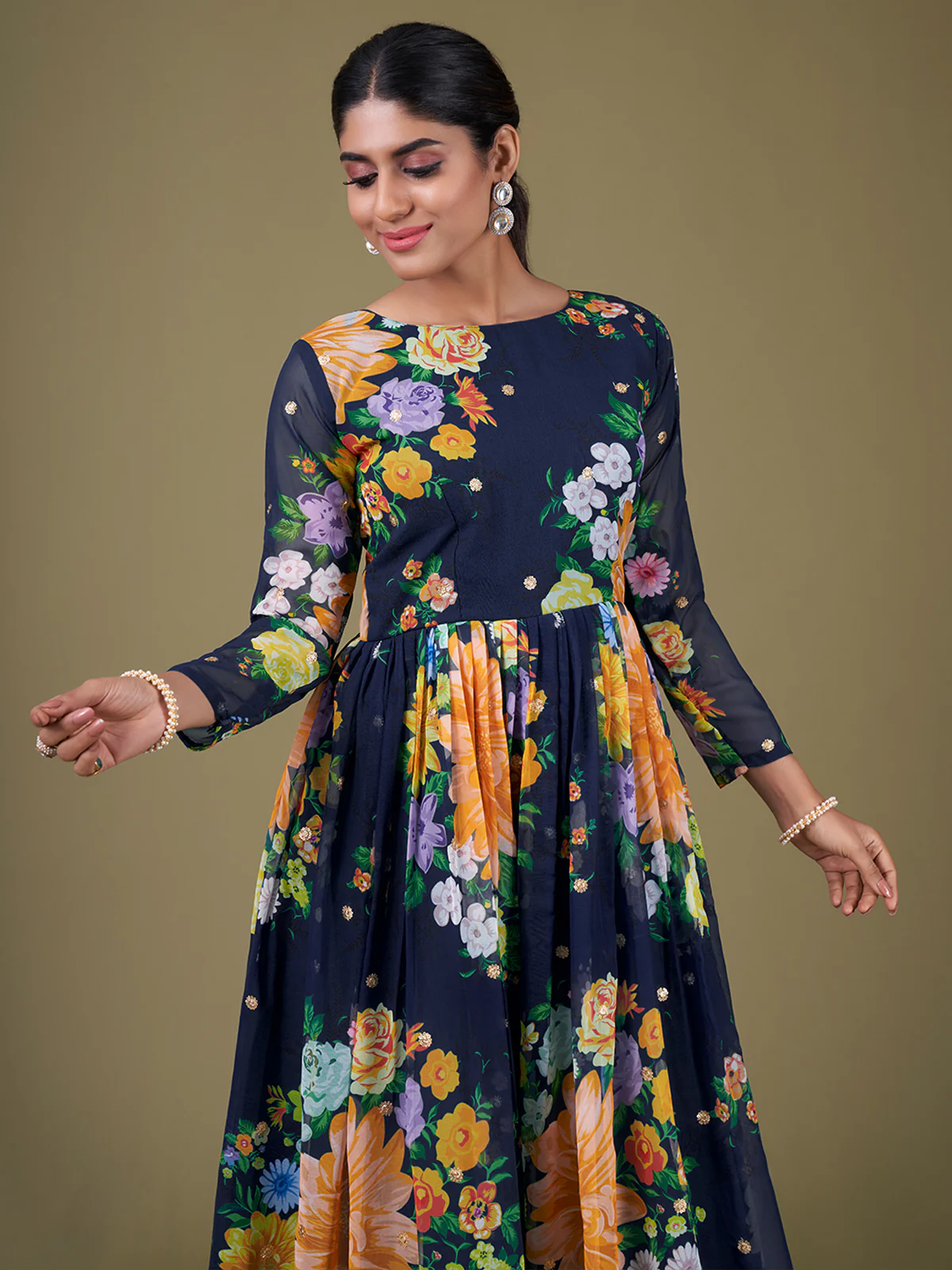 Odette Navy Blue Faux Georgette Printed Semi Stitched Anarkali Kurta Set For Women - Image 4