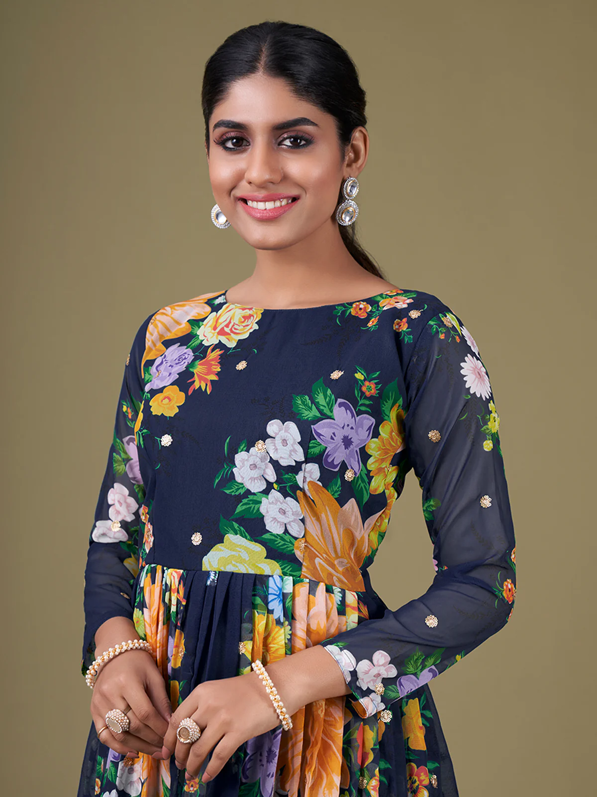 Odette Navy Blue Faux Georgette Printed Semi Stitched Anarkali Kurta Set For Women - Image 5