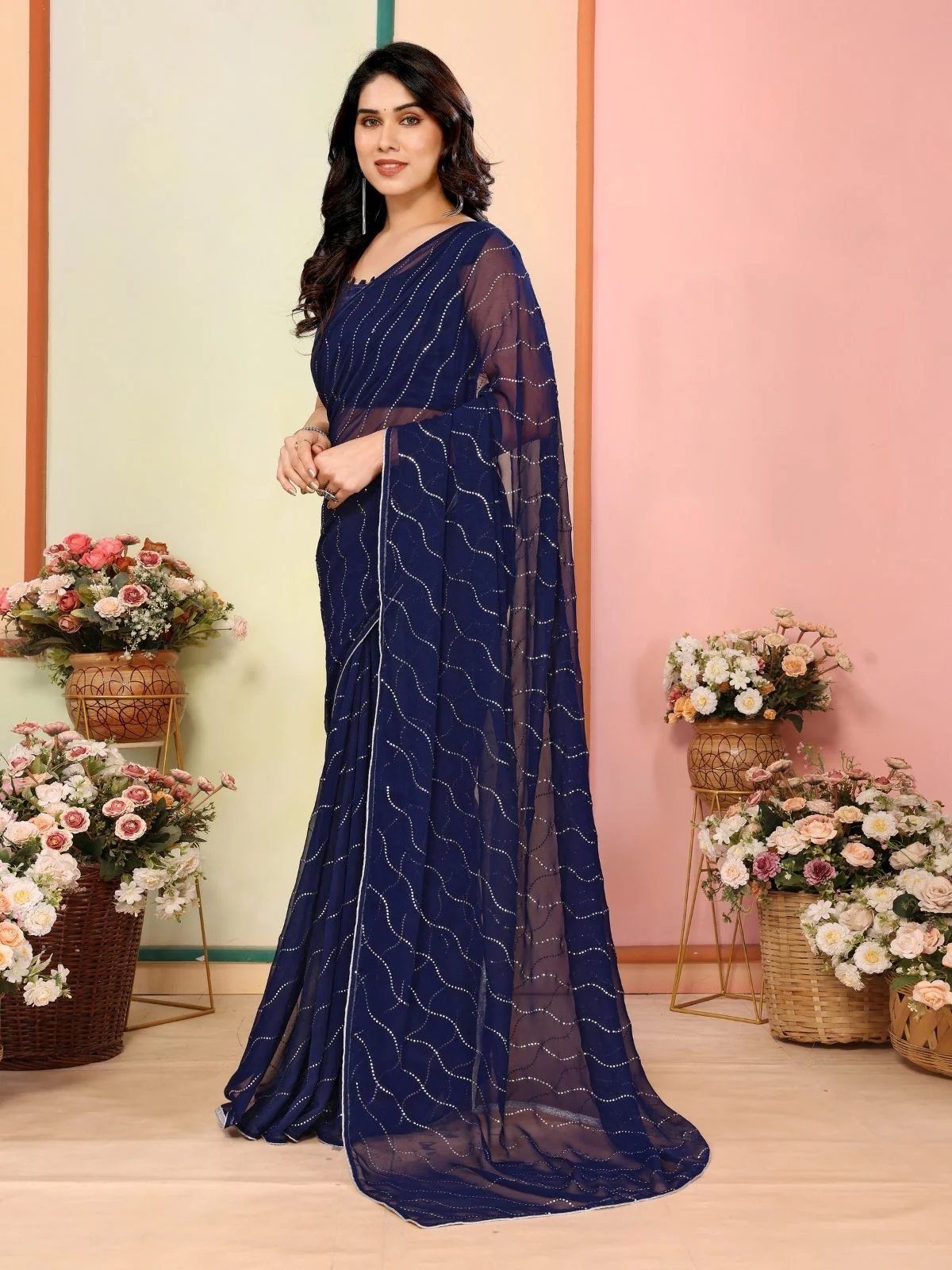 Odette Navy Blue Georgette Embellished Saree For Women - Image 2