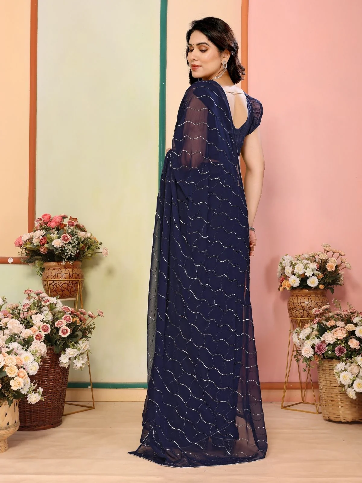 Odette Navy Blue Georgette Embellished Saree For Women - Image 3