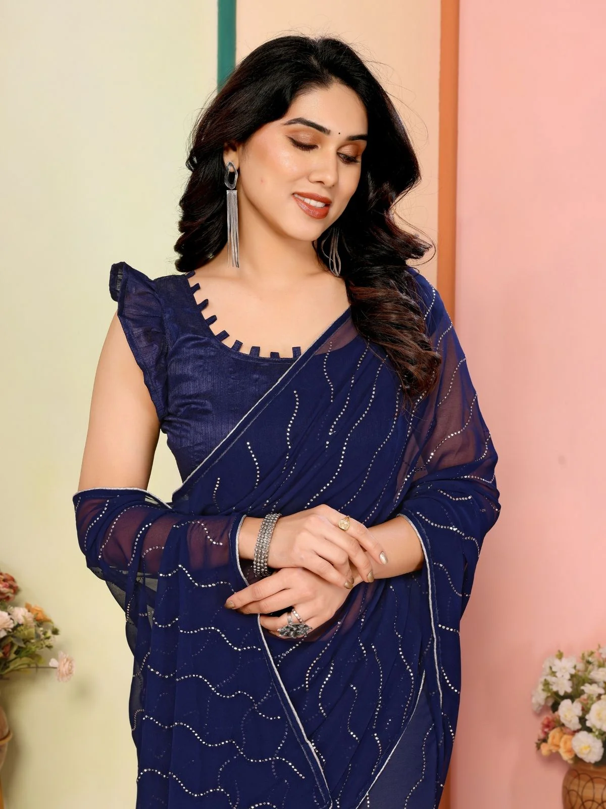 Odette Navy Blue Georgette Embellished Saree For Women - Image 4