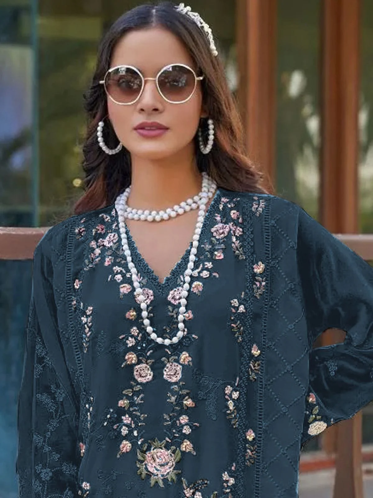 Odette Navy Blue Georgette Embellished Semi-Stitched Kurta Set For Women - Image 2