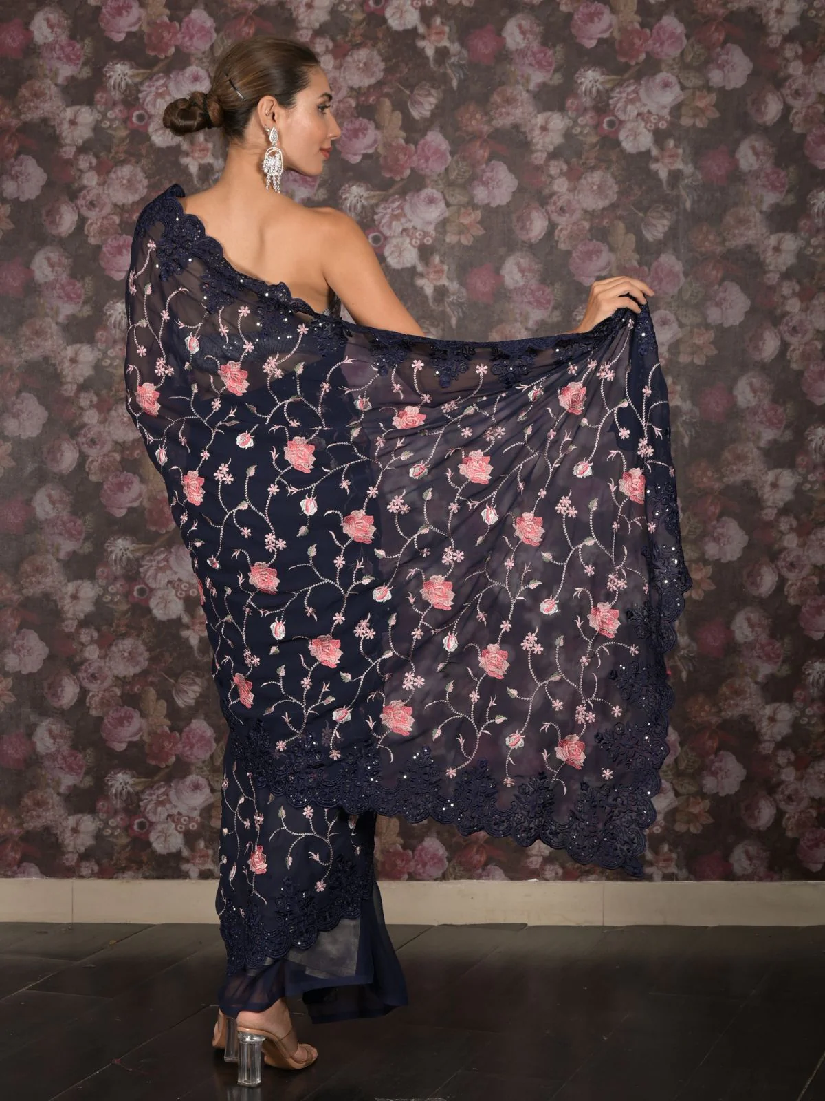 Odette Navy Blue Georgette Embroidered Saree With Unstitched Blouse For Women - Image 4