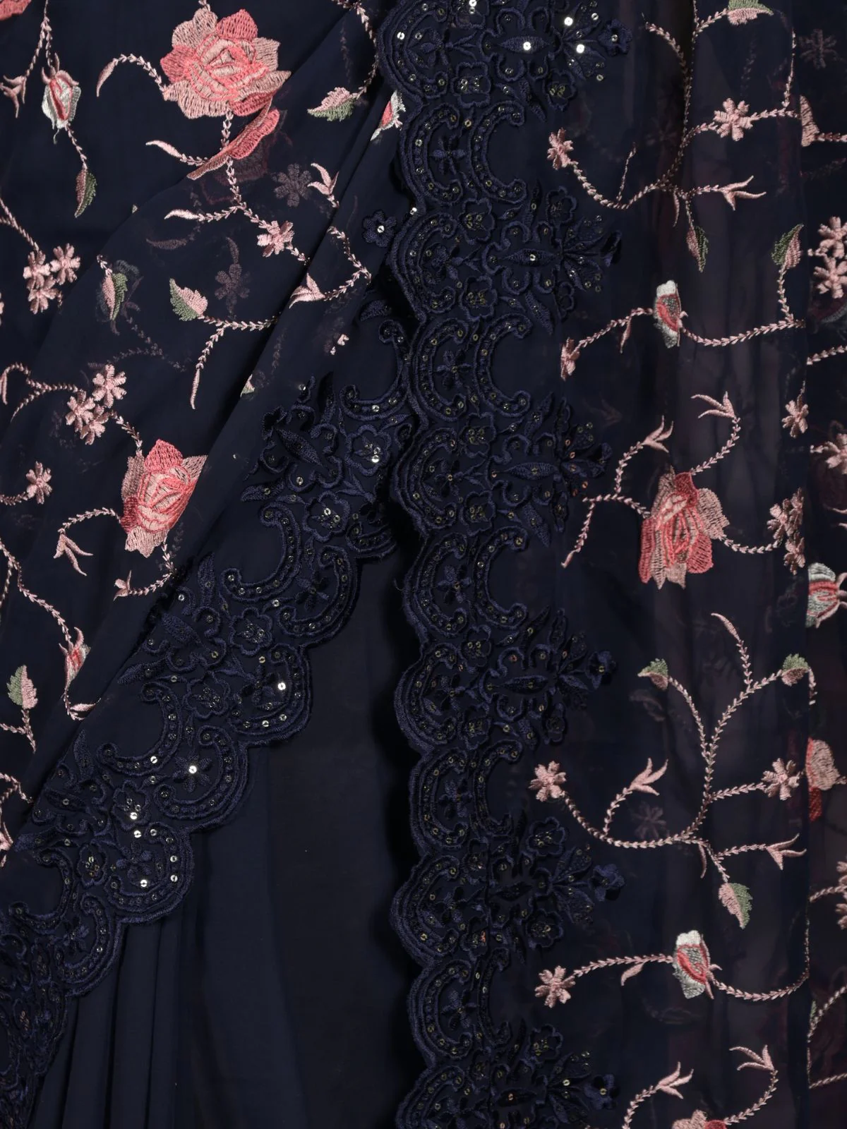 Odette Navy Blue Georgette Embroidered Saree With Unstitched Blouse For Women - Image 5