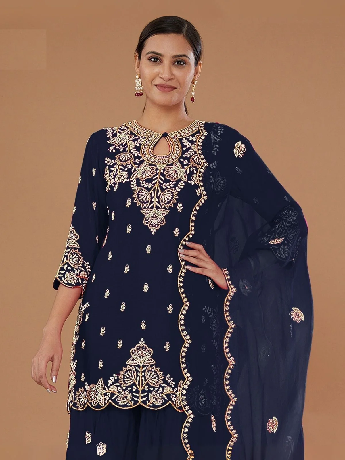 Odette Navy Blue Georgette Embroidered Semi-Sitched Kurta Set For Women - Image 2