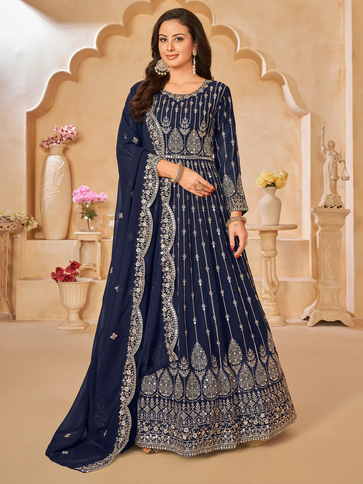 Odette Navy Blue Georgette Embroidered Semi stitched Kurta Set For Women - Image 3