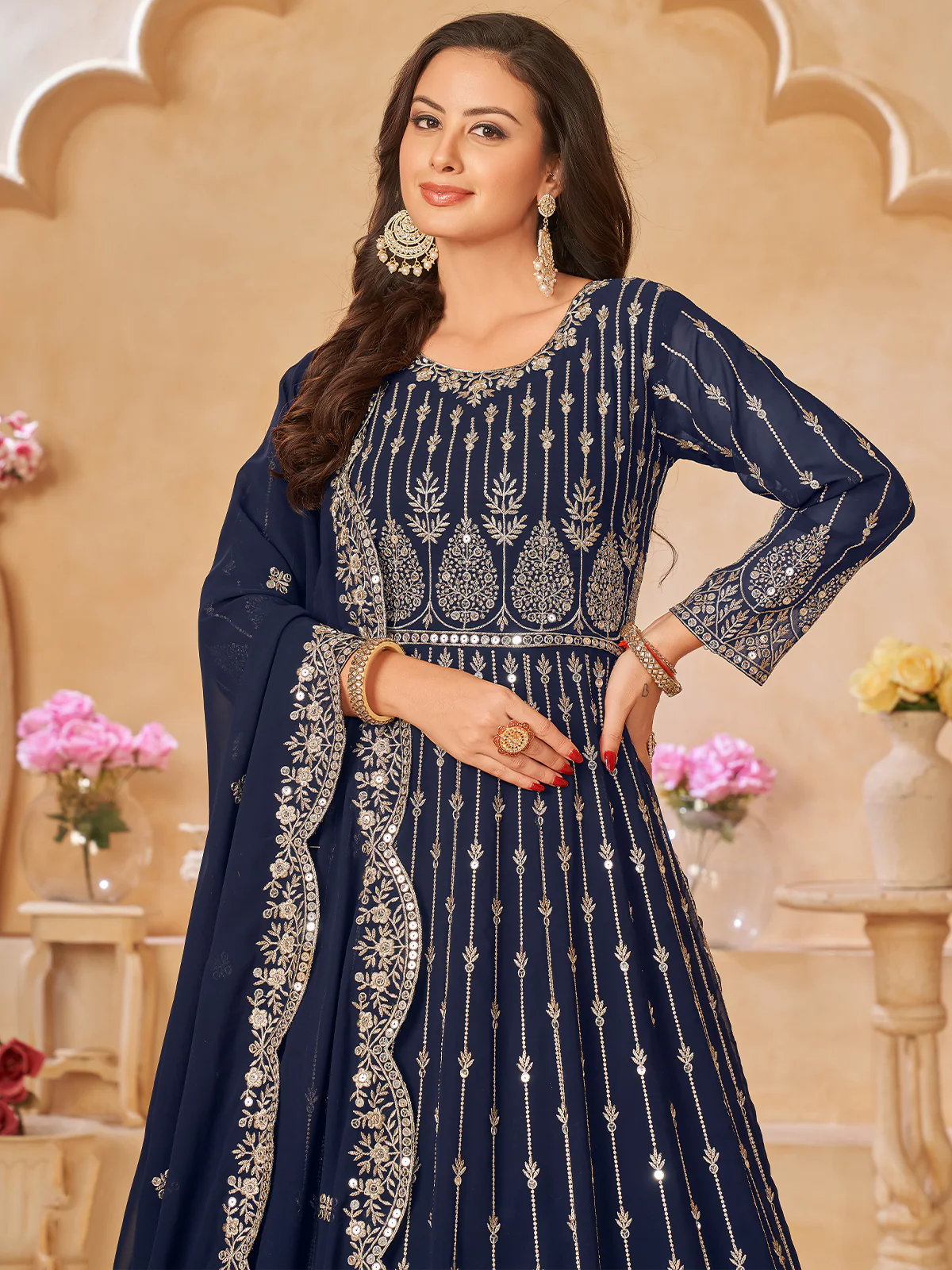 Odette Navy Blue Georgette Embroidered Semi stitched Kurta Set For Women - Image 4