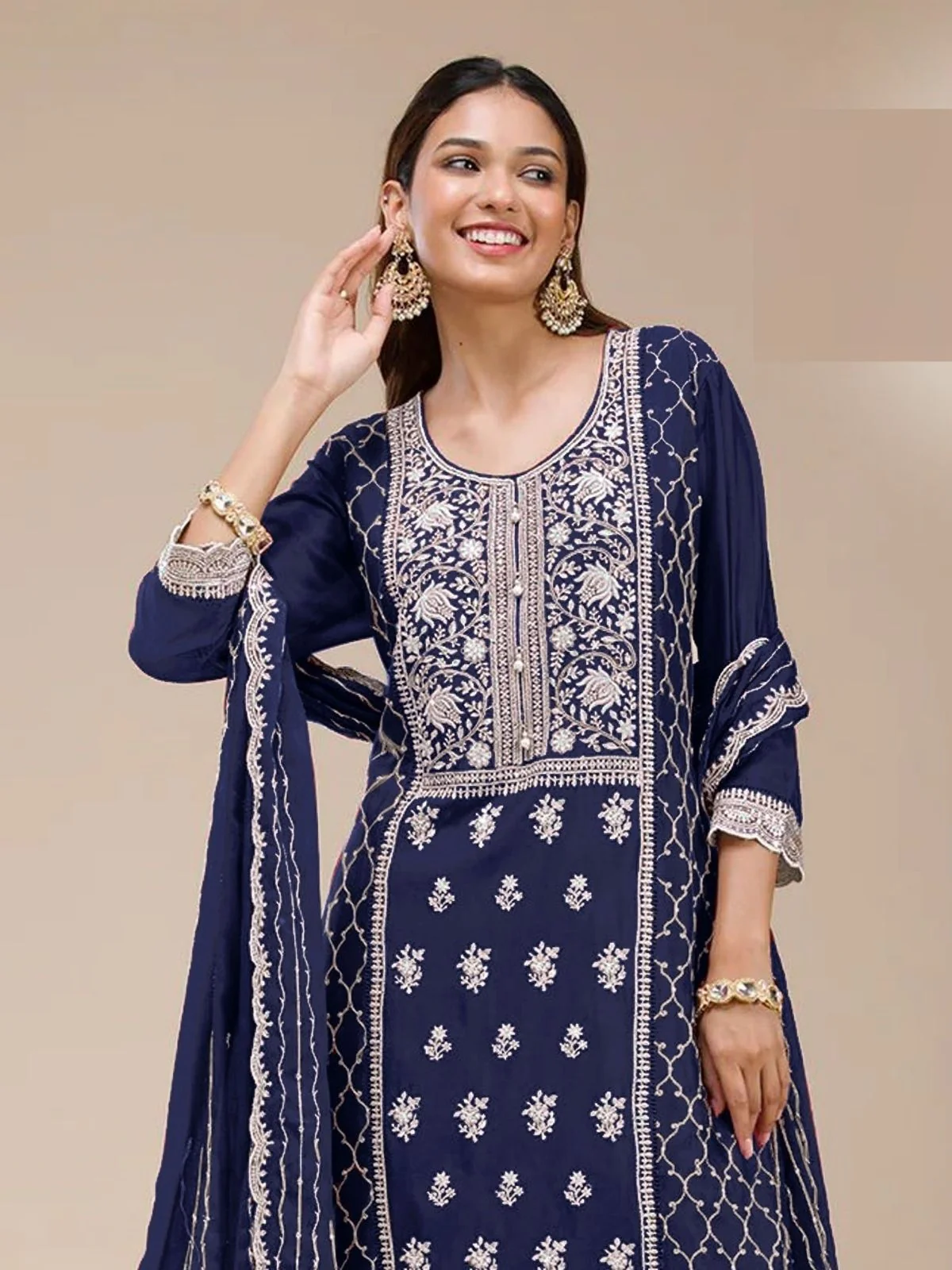 Odette Navy Blue Georgette Embroidered Semi Stitched Kurta Set For Women - Image 2