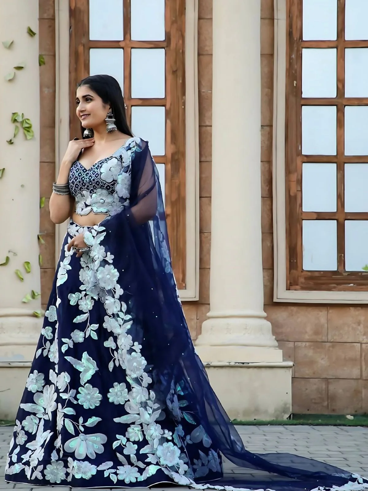Odette Navy Blue Georgette Embroidered Semi-Stitched Lehenga For Women - Image 4