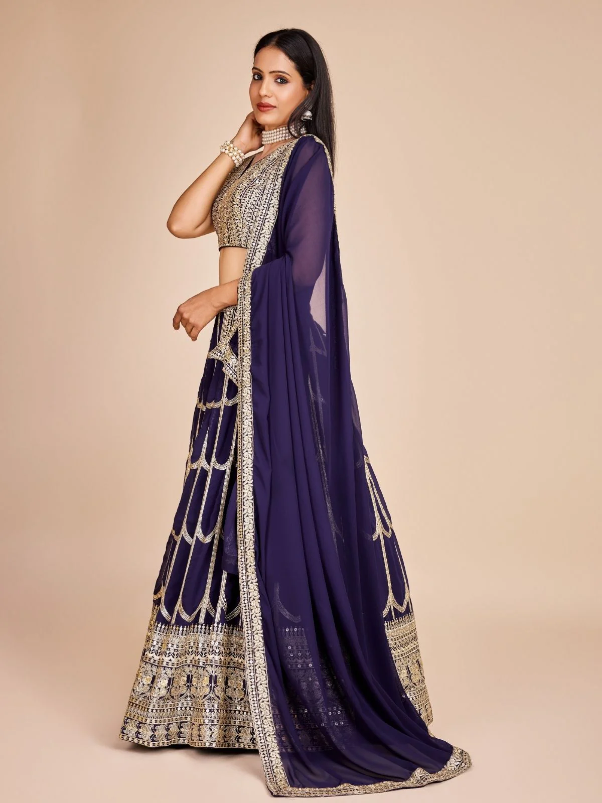 Odette Navy Blue Georgette Embroidered Semi-Stitched Lehenga For Women - Image 2