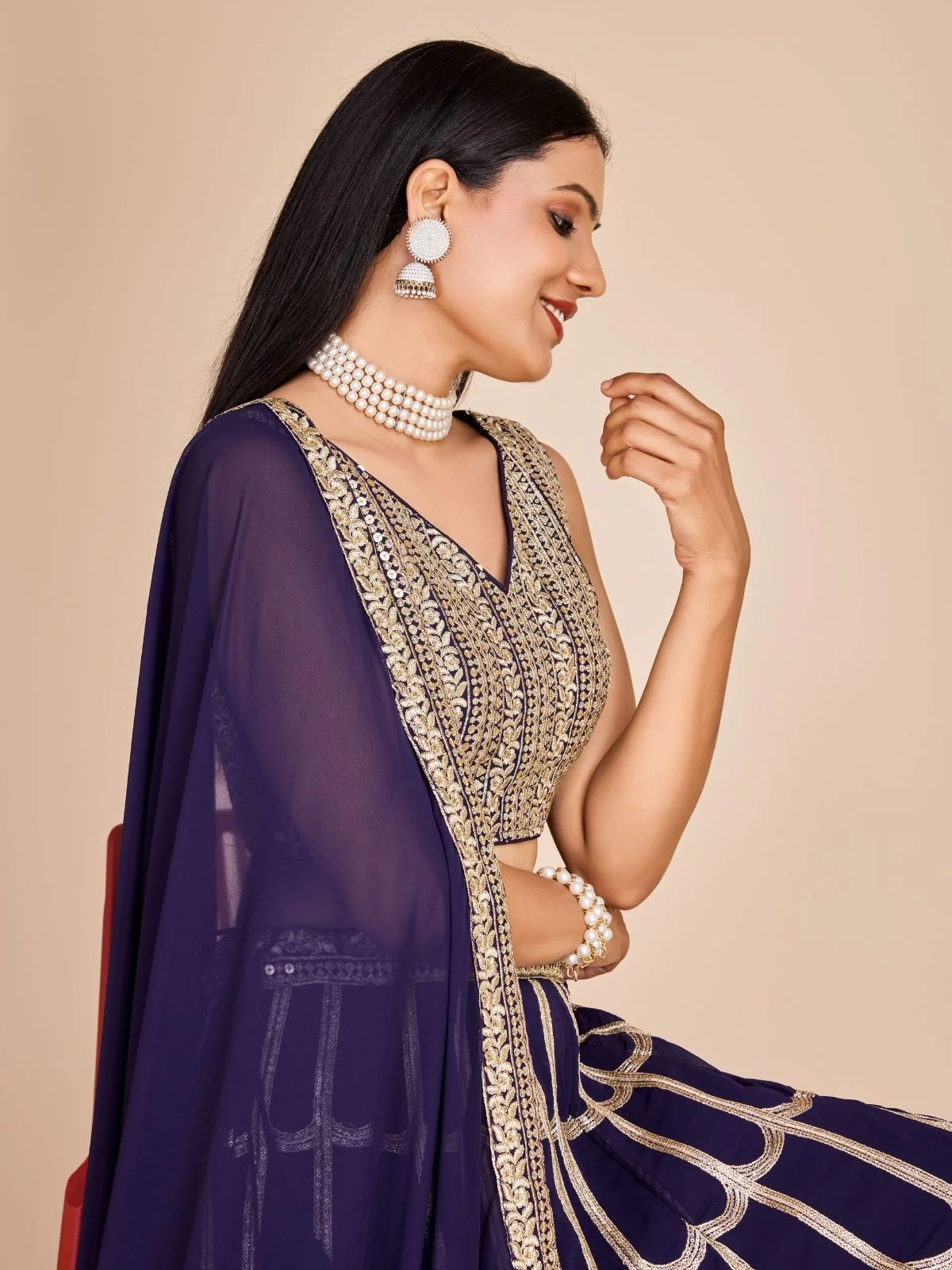 Odette Navy Blue Georgette Embroidered Semi-Stitched Lehenga For Women - Image 3