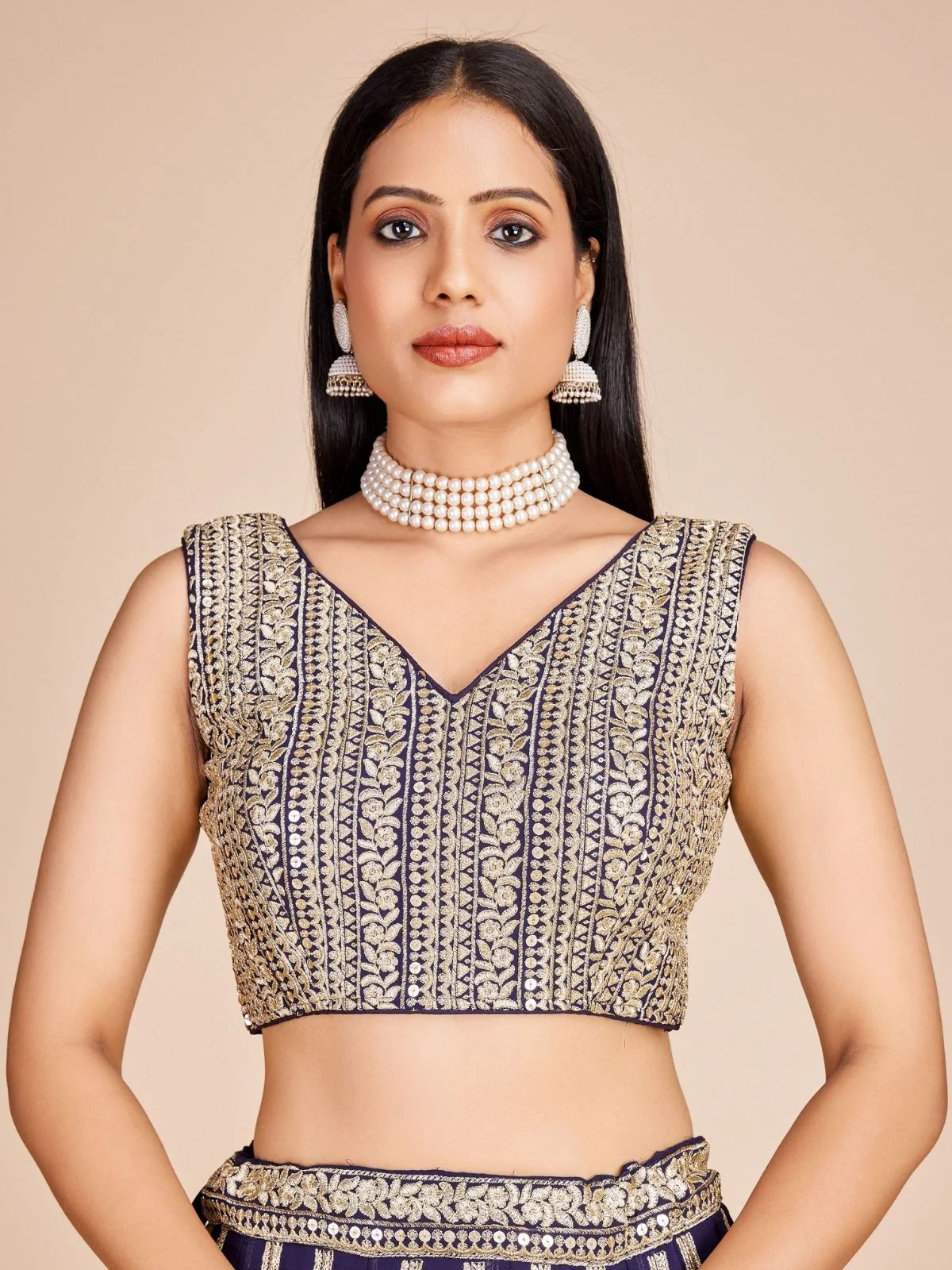 Odette Navy Blue Georgette Embroidered Semi-Stitched Lehenga For Women - Image 4