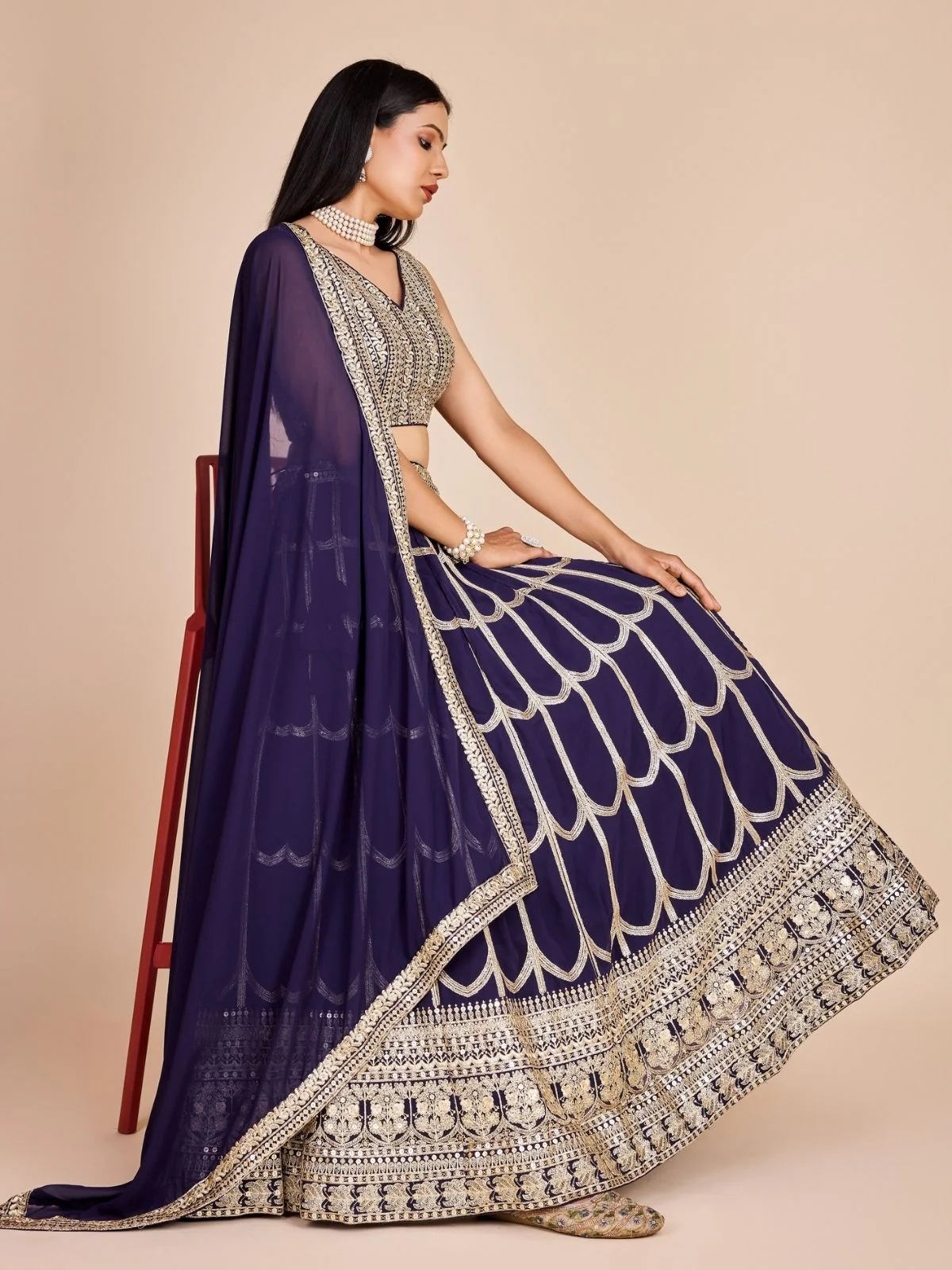 Odette Navy Blue Georgette Embroidered Semi-Stitched Lehenga For Women - Image 6