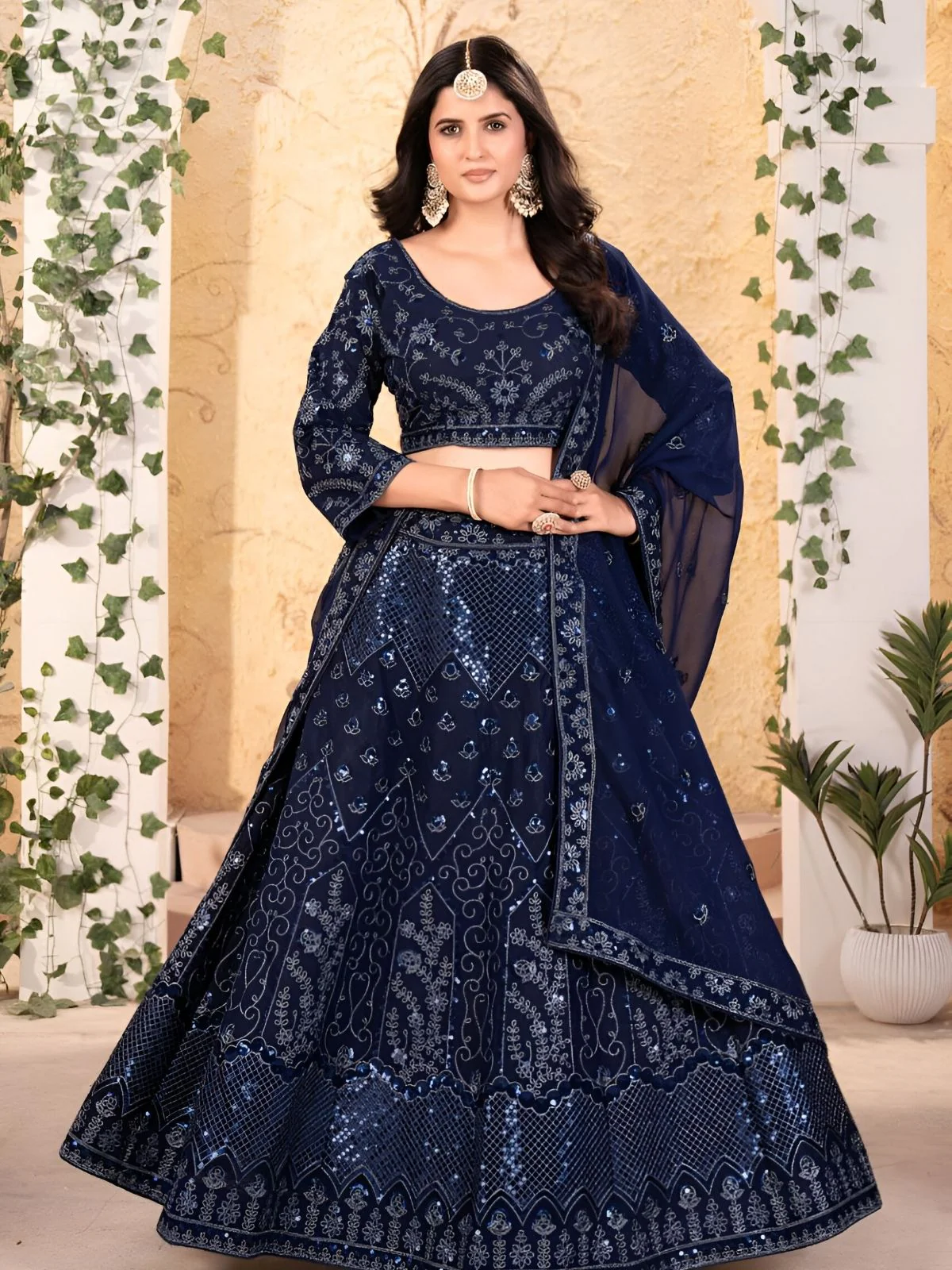 Odette Navy Blue Georgette Embroidered Semi-Stitched lehenga For Women - Image 2