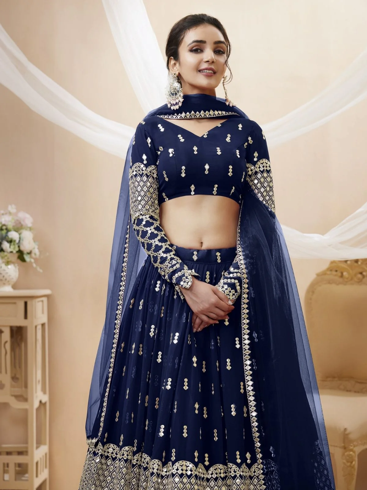 Odette Navy Blue Georgette Embroidered Semi Stitched Lehenga With Unstitched Blouse For Women - Image 4