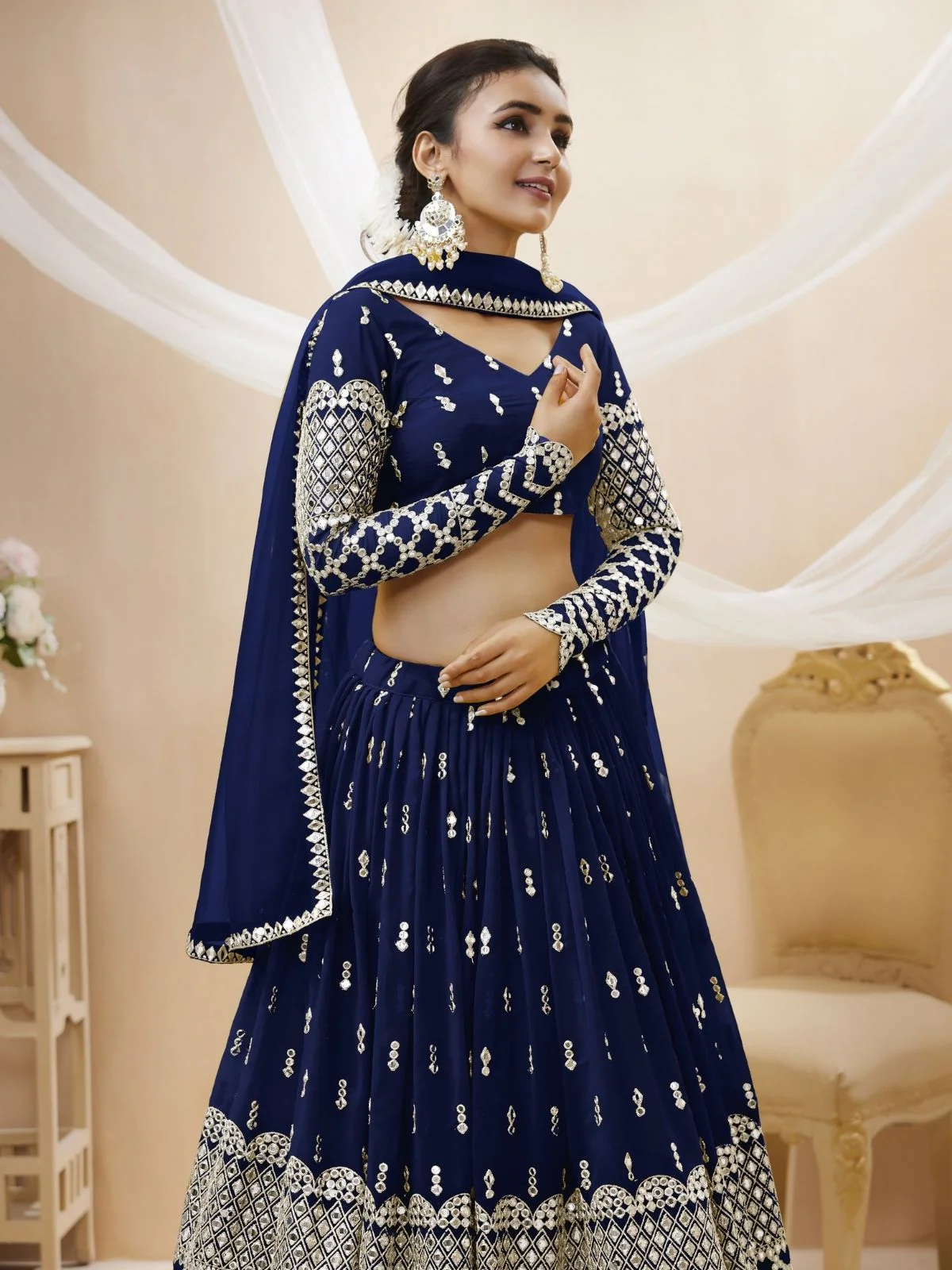 Odette Navy Blue Georgette Embroidered Semi Stitched Lehenga With Unstitched Blouse For Women - Image 5