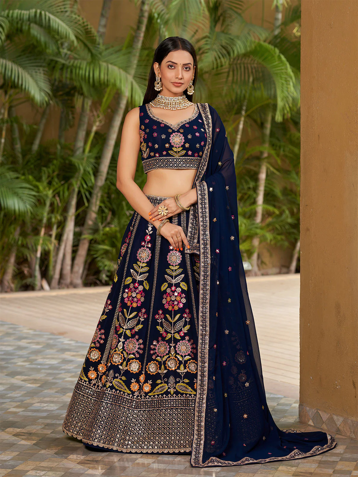 Odette Navy Blue Georgette Embroidered Semi Stitched Lehenga With Unstitched Blouse For Women