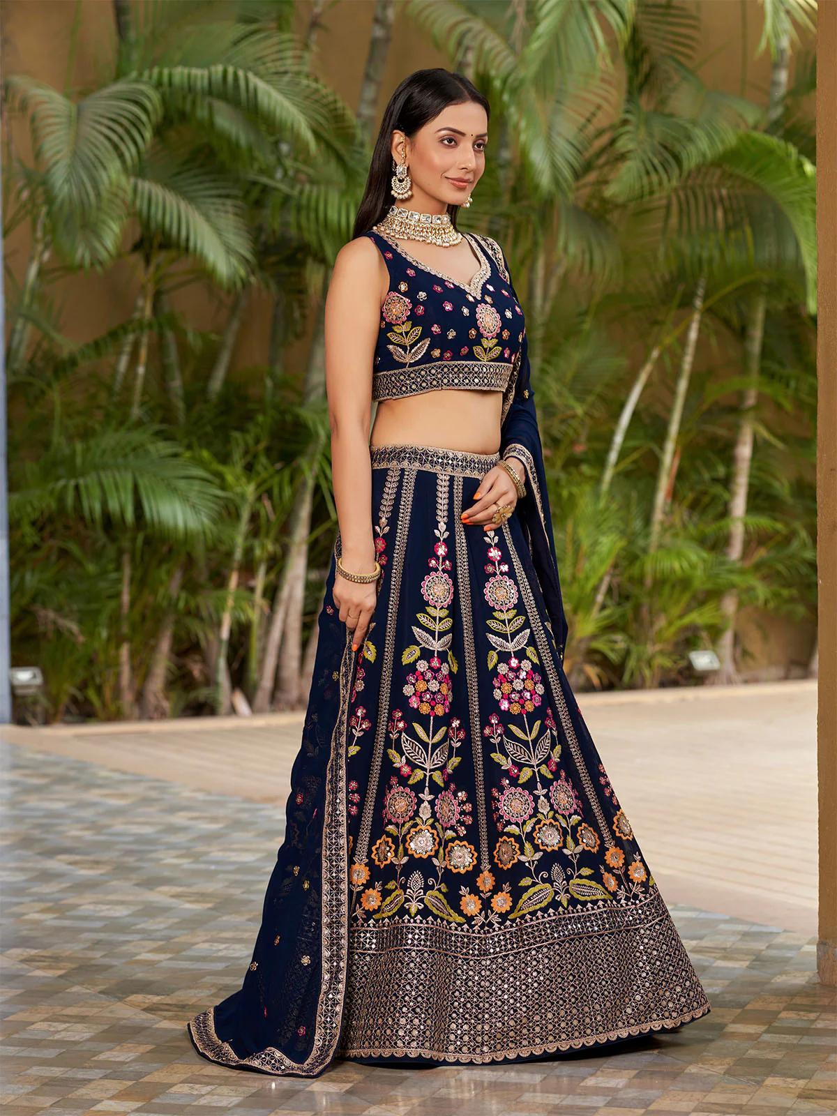 Odette Navy Blue Georgette Embroidered Semi Stitched Lehenga With Unstitched Blouse For Women - Image 2