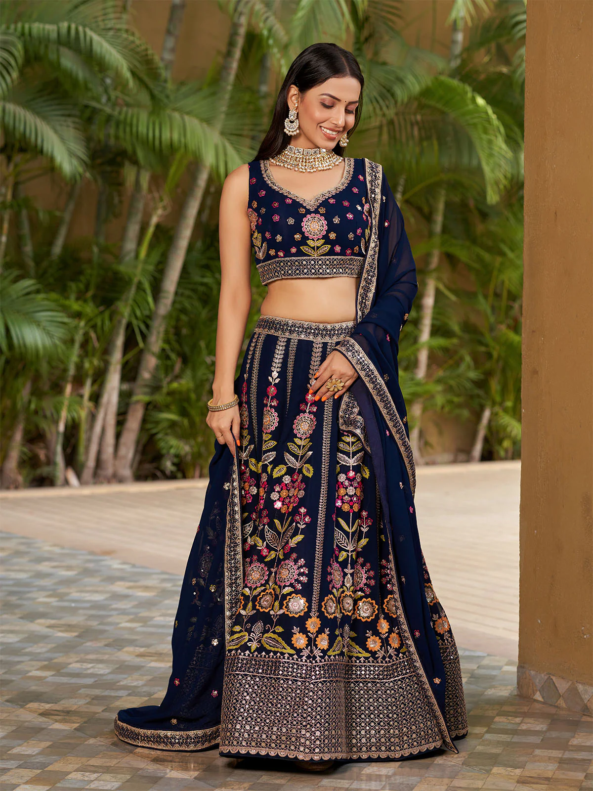 Odette Navy Blue Georgette Embroidered Semi Stitched Lehenga With Unstitched Blouse For Women - Image 4