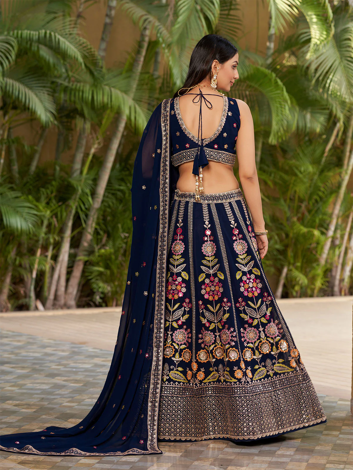 Odette Navy Blue Georgette Embroidered Semi Stitched Lehenga With Unstitched Blouse For Women - Image 5