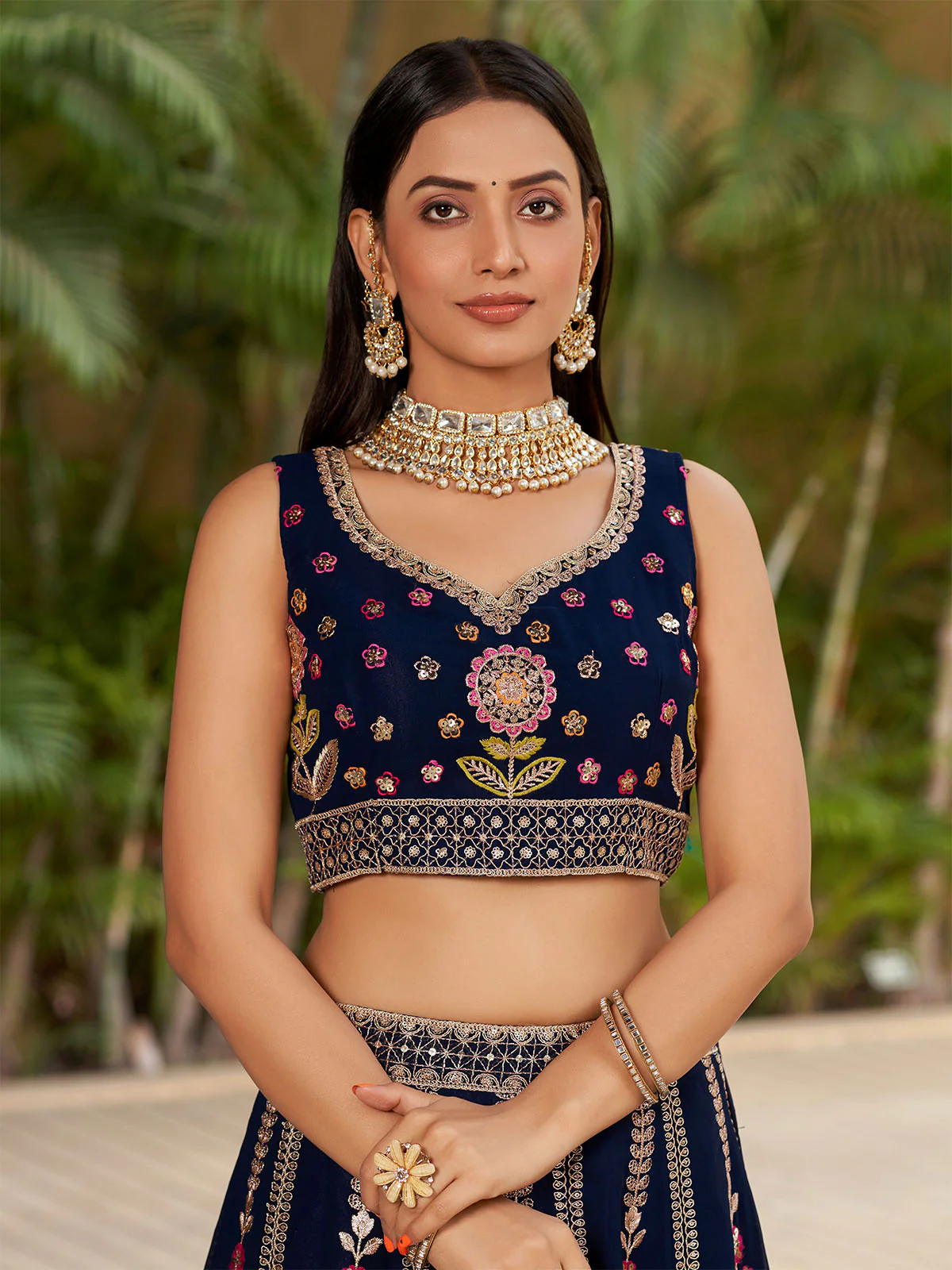Odette Navy Blue Georgette Embroidered Semi Stitched Lehenga With Unstitched Blouse For Women - Image 6