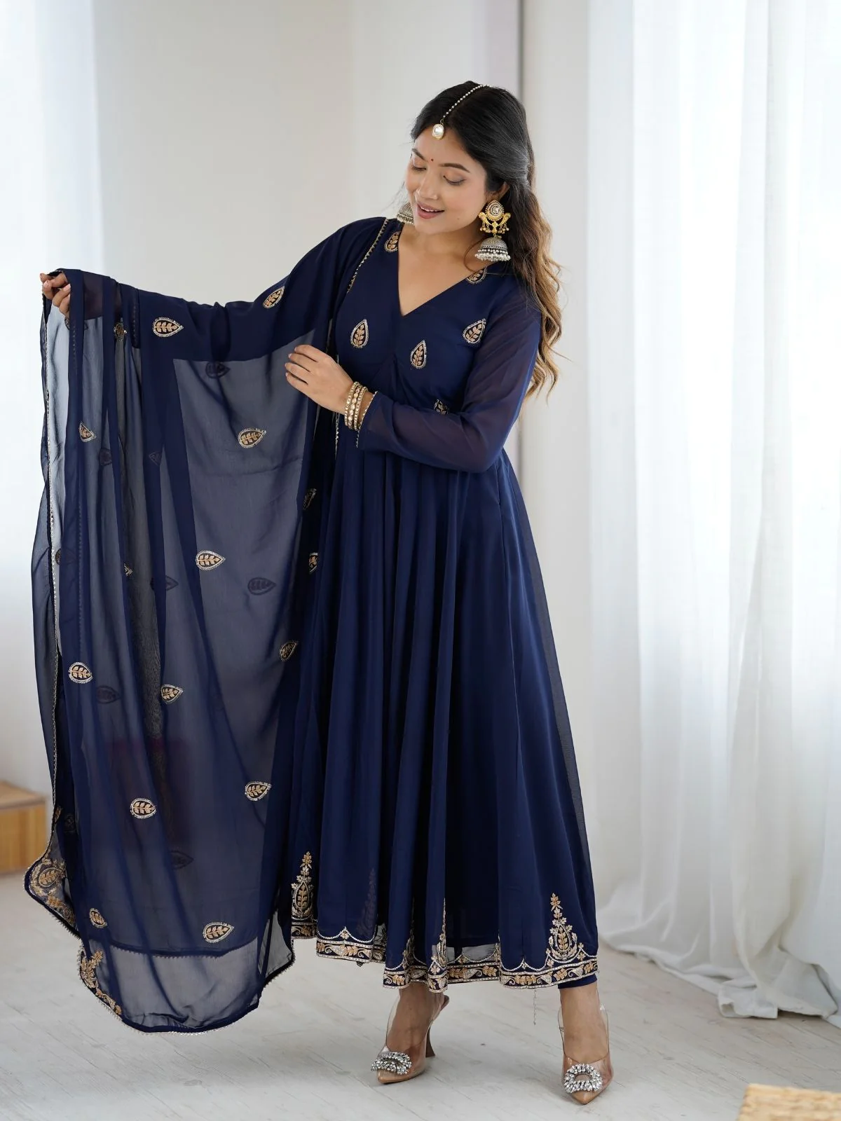 Odette Navy Blue Georgette Embroidered Stitched Kurta Set For Women - Image 10