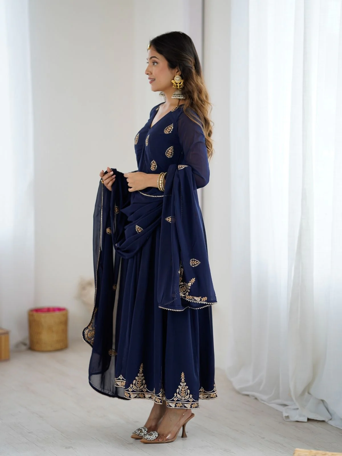 Odette Navy Blue Georgette Embroidered Stitched Kurta Set For Women - Image 5