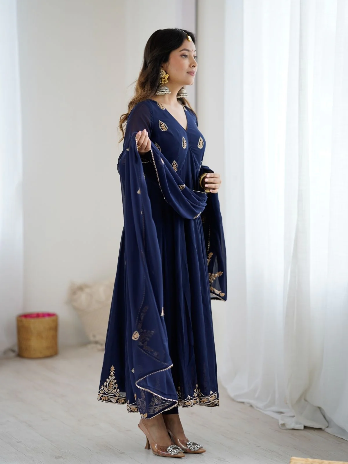 Odette Navy Blue Georgette Embroidered Stitched Kurta Set For Women - Image 6