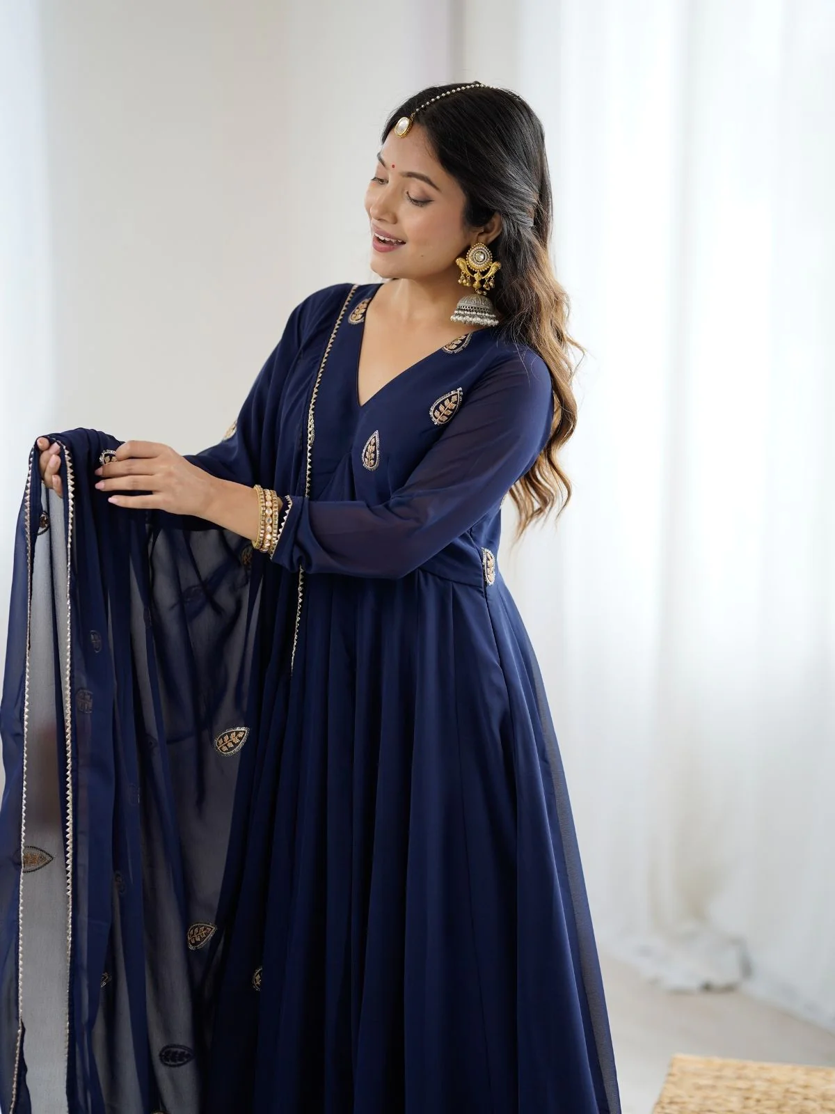 Odette Navy Blue Georgette Embroidered Stitched Kurta Set For Women - Image 8