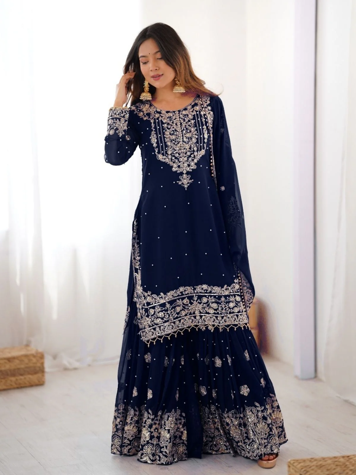 Odette Navy Blue Georgette Embroidered Stitched Kurta Set For Women - Image 2