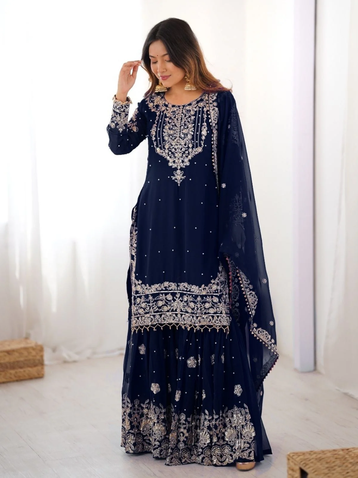 Odette Navy Blue Georgette Embroidered Stitched Kurta Set For Women - Image 3