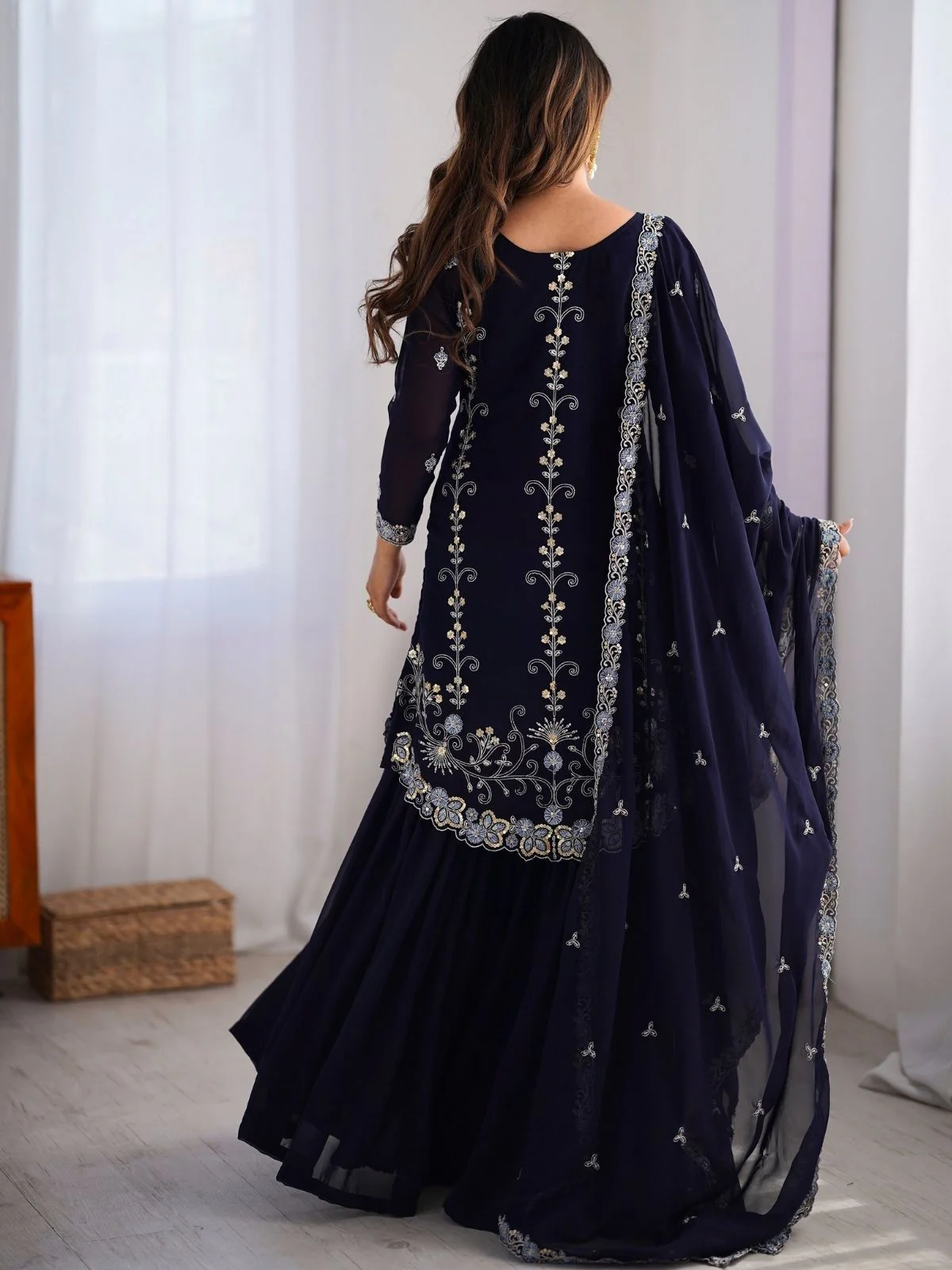 Odette Navy Blue Georgette Embroidered Stitched Kurta Set For Women - Image 2