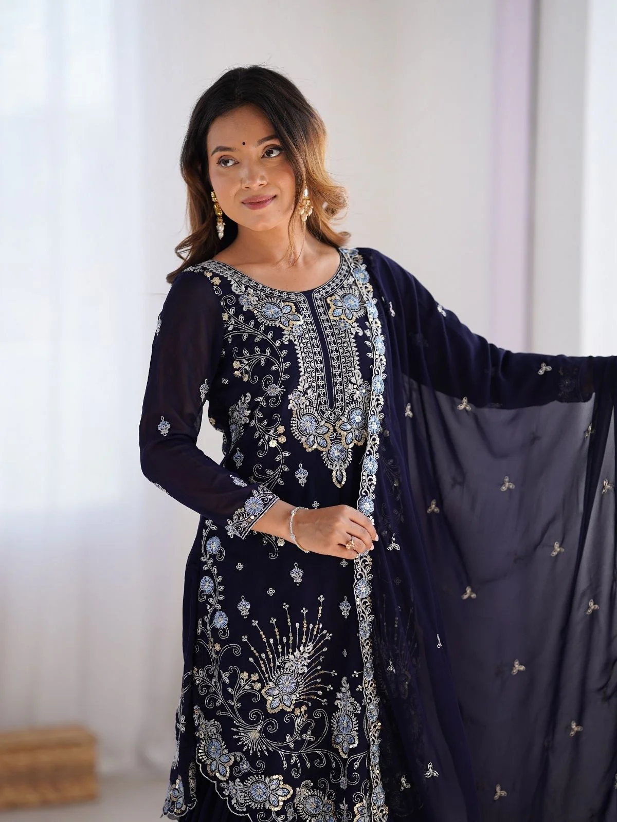 Odette Navy Blue Georgette Embroidered Stitched Kurta Set For Women - Image 3