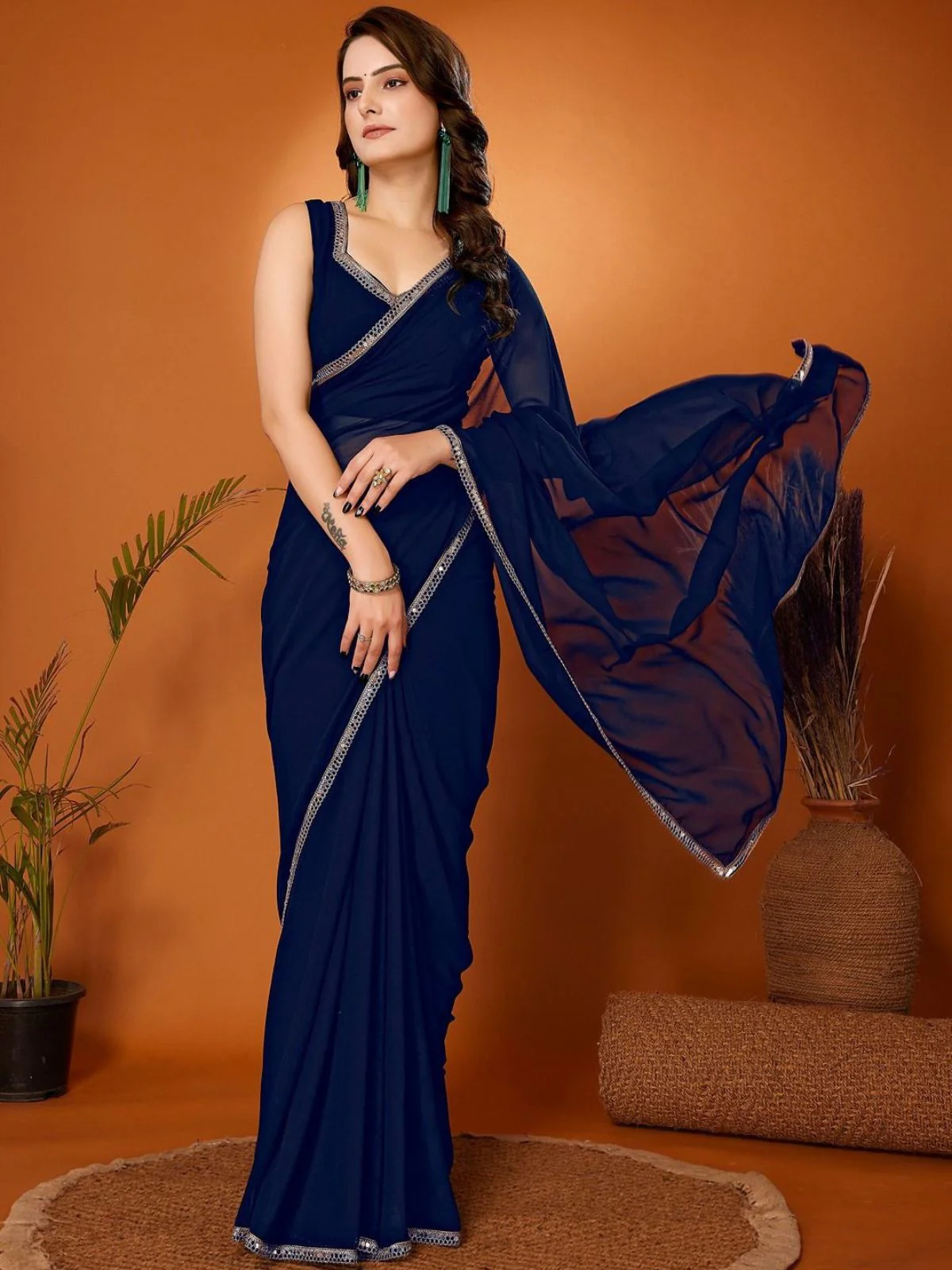 Odette Navy Blue Georgette Printed Saree For Women