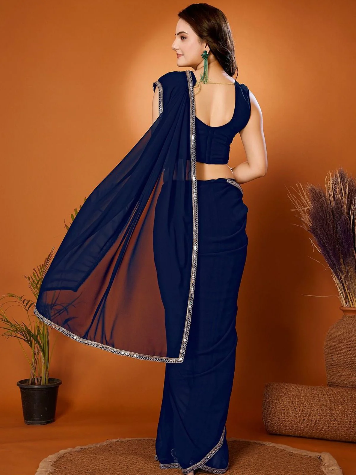 Odette Navy Blue Georgette Printed Saree For Women - Image 3