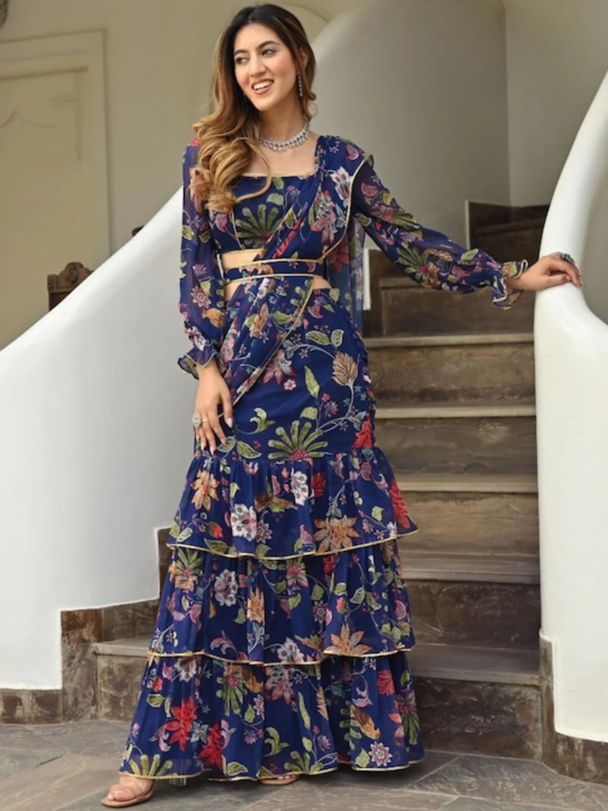 Odette Navy Blue Georgette Printed Saree with Stitched Blouse for Women - Image 2