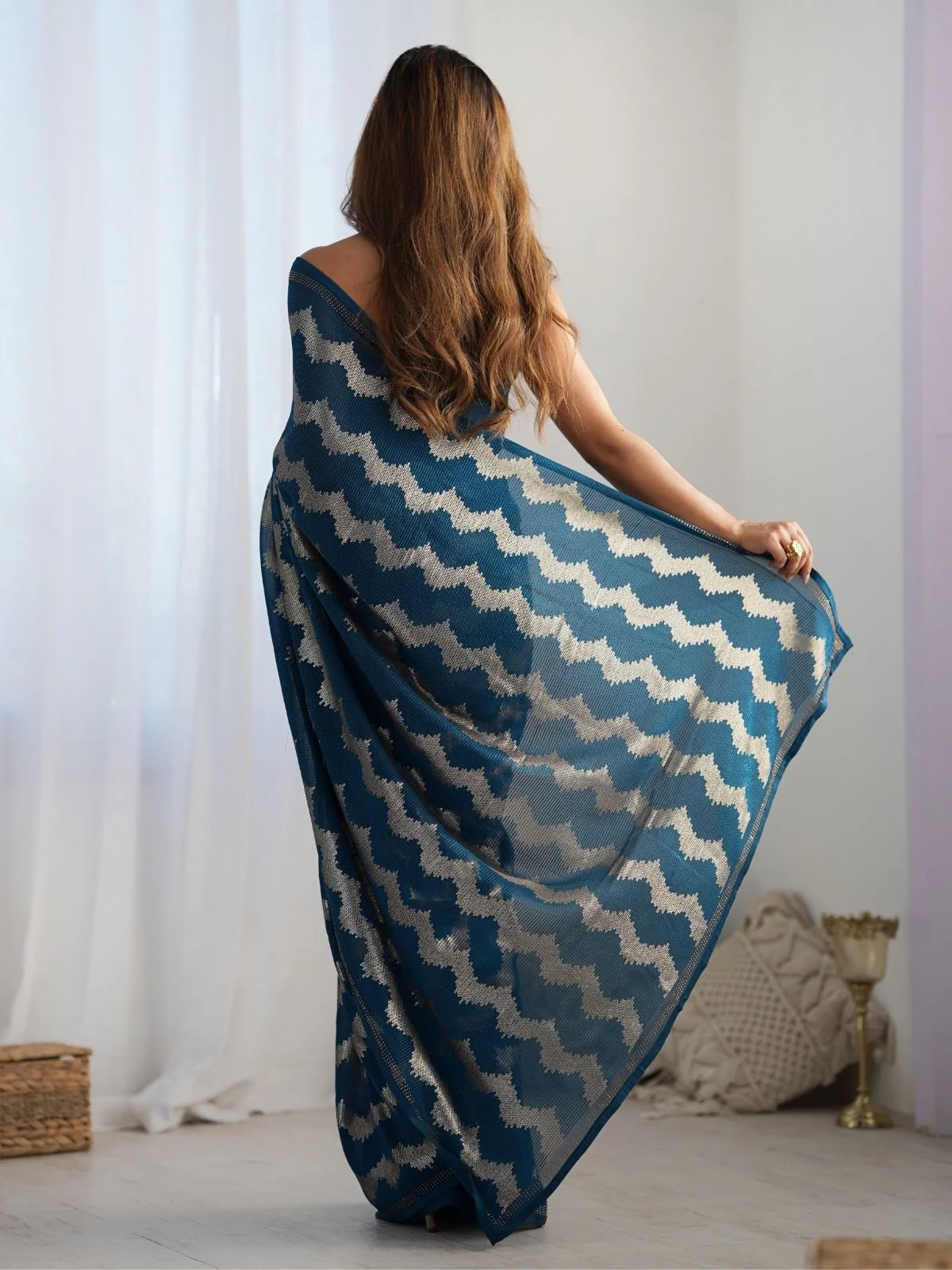 Odette Navy Blue Georgette Sequins Saree With Unstitched Blouse For Women - Image 5