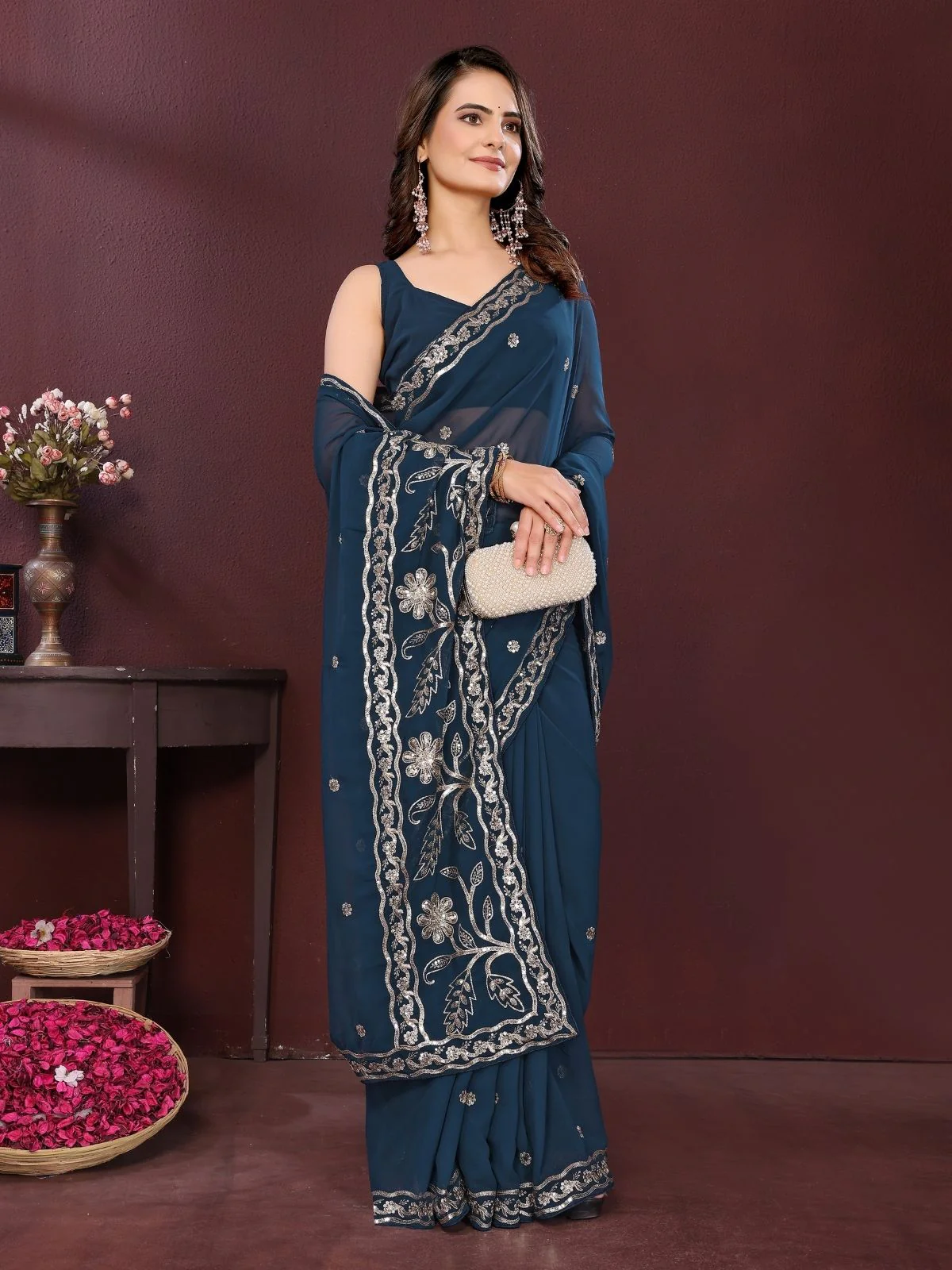 Odette Navy Blue Georgette Solid Saree For Women - Image 3