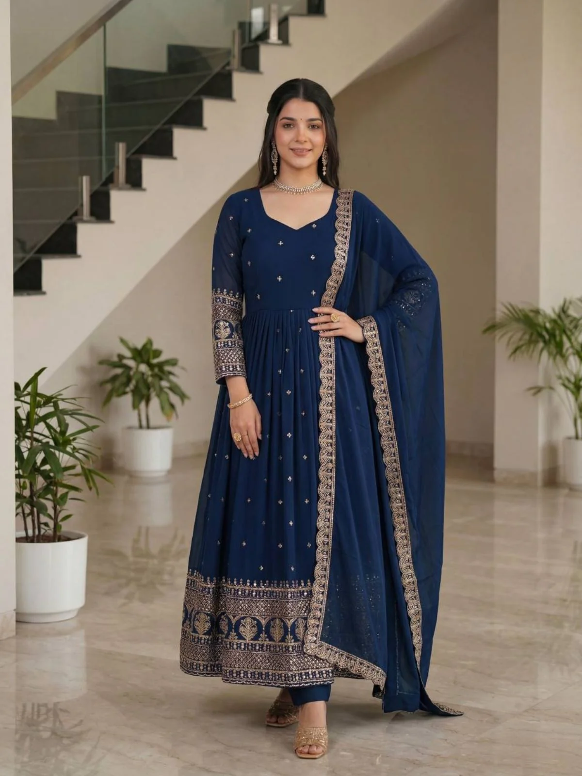 Odette Navy Blue Georgette Solid Stitched Kurta Set For Women