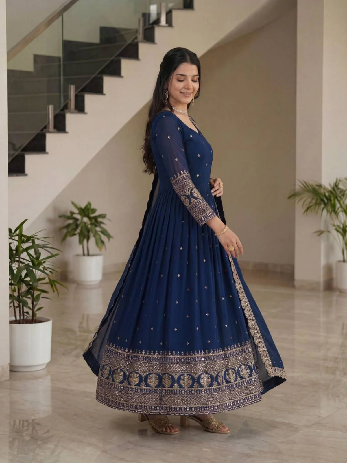 Odette Navy Blue Georgette Solid Stitched Kurta Set For Women - Image 2