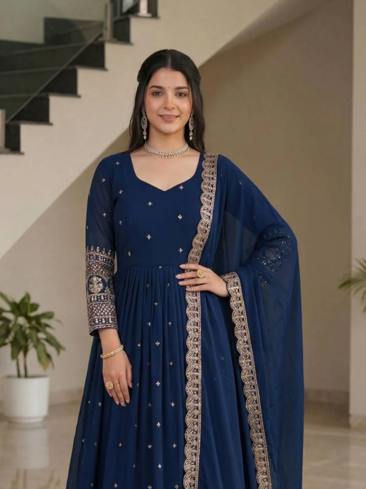 Odette Navy Blue Georgette Solid Stitched Kurta Set For Women - Image 4