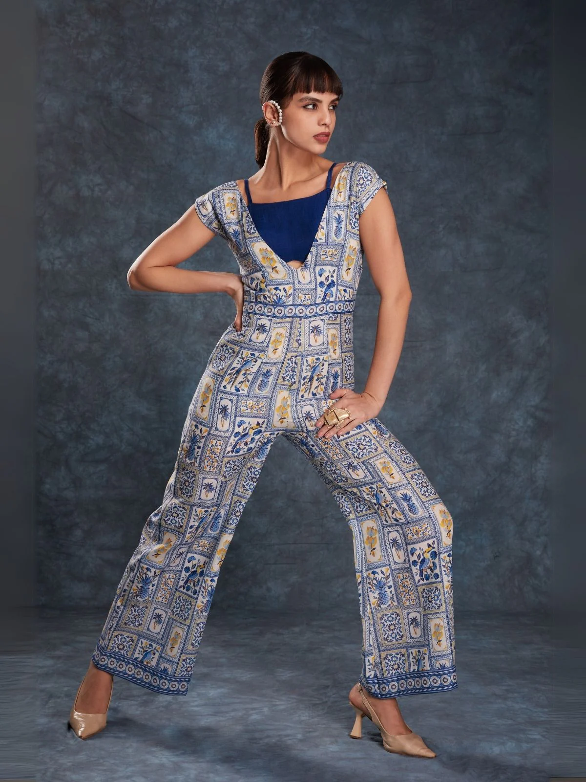 Odette Navy Blue Linen Printed Stitched Co-Ord Set For Women - Image 2