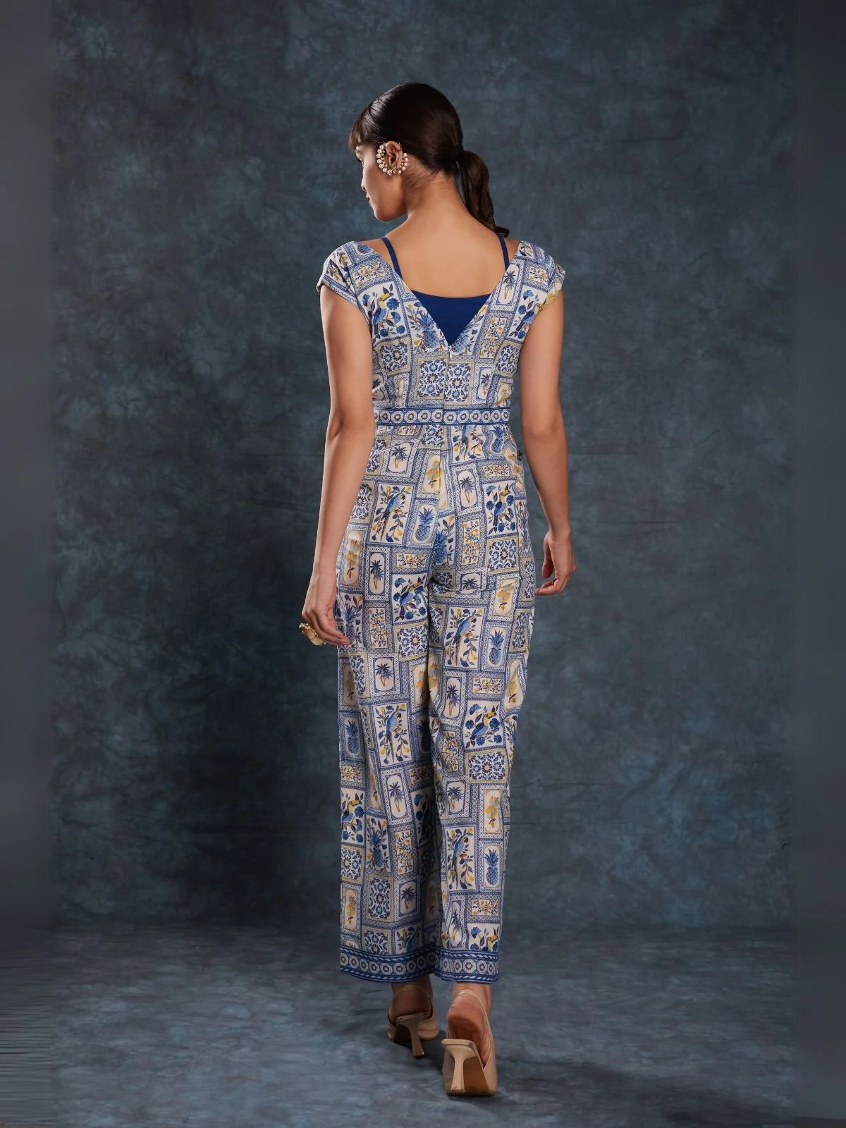 Odette Navy Blue Linen Printed Stitched Co-Ord Set For Women - Image 5