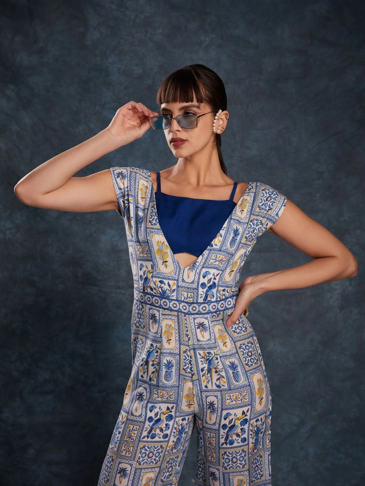 Odette Navy Blue Linen Printed Stitched Co-Ord Set For Women - Image 6
