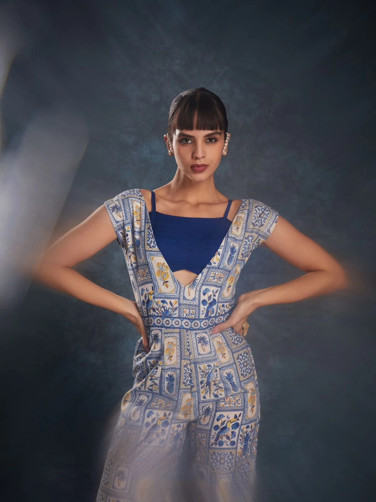 Odette Navy Blue Linen Printed Stitched Co-Ord Set For Women - Image 7