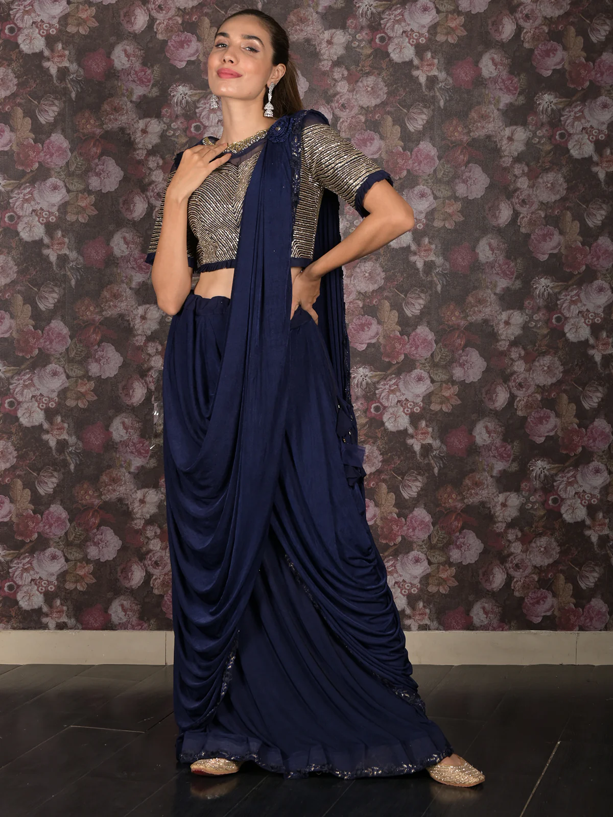 Odette Navy Blue Lycra Embellished Saree With Stitched Blouse For Women - Image 2