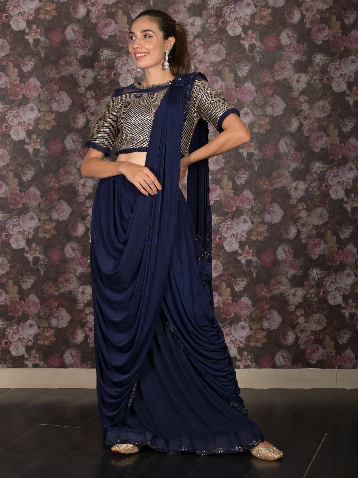 Odette Navy Blue Lycra Embellished Saree With Stitched Blouse For Women - Image 3