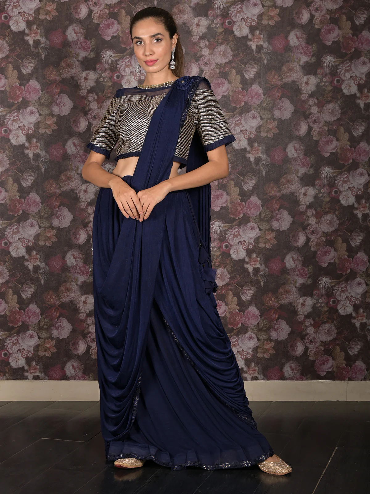 Odette Navy Blue Lycra Embellished Saree With Stitched Blouse For Women - Image 4