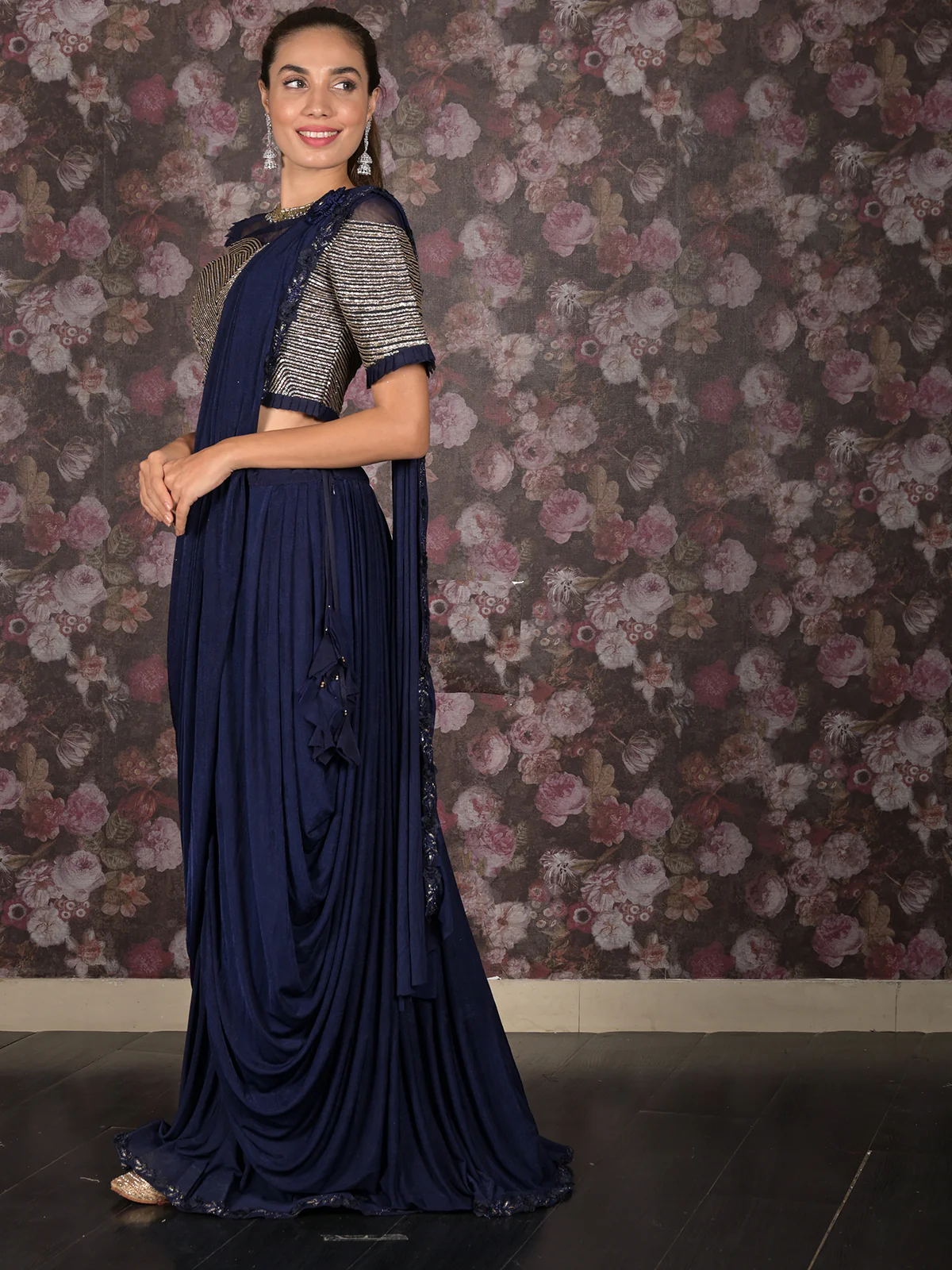Odette Navy Blue Lycra Embellished Saree With Stitched Blouse For Women - Image 5