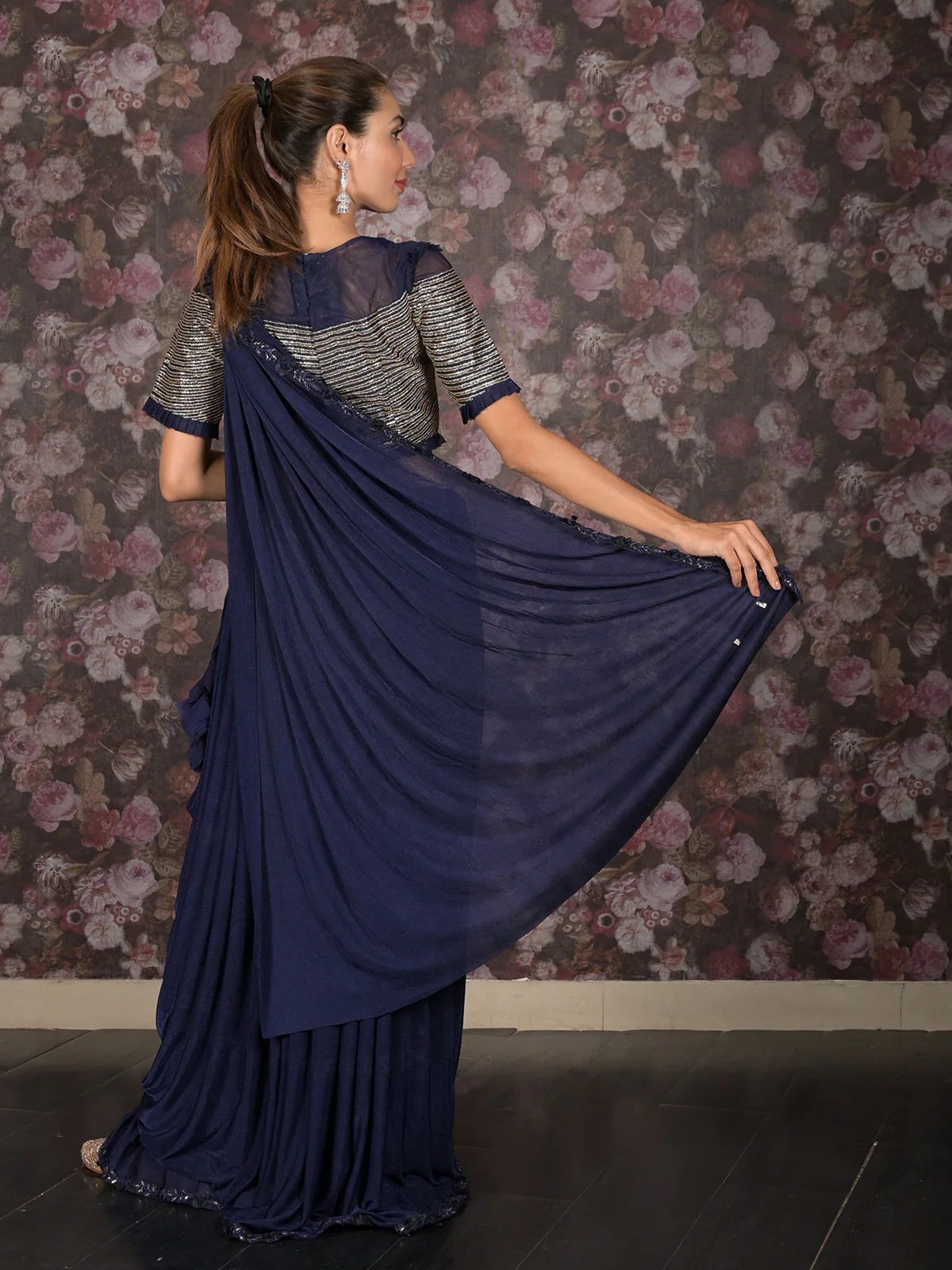 Odette Navy Blue Lycra Embellished Saree With Stitched Blouse For Women - Image 6